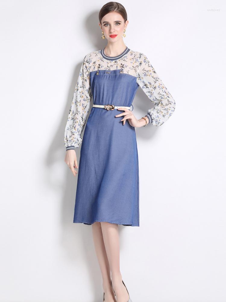 

Casual Dresses 2023 Spring Print Patchwork Denim Dress Women Long Sleeve Fashion Designer Aline Vestidos With Belt Blue, As pictures