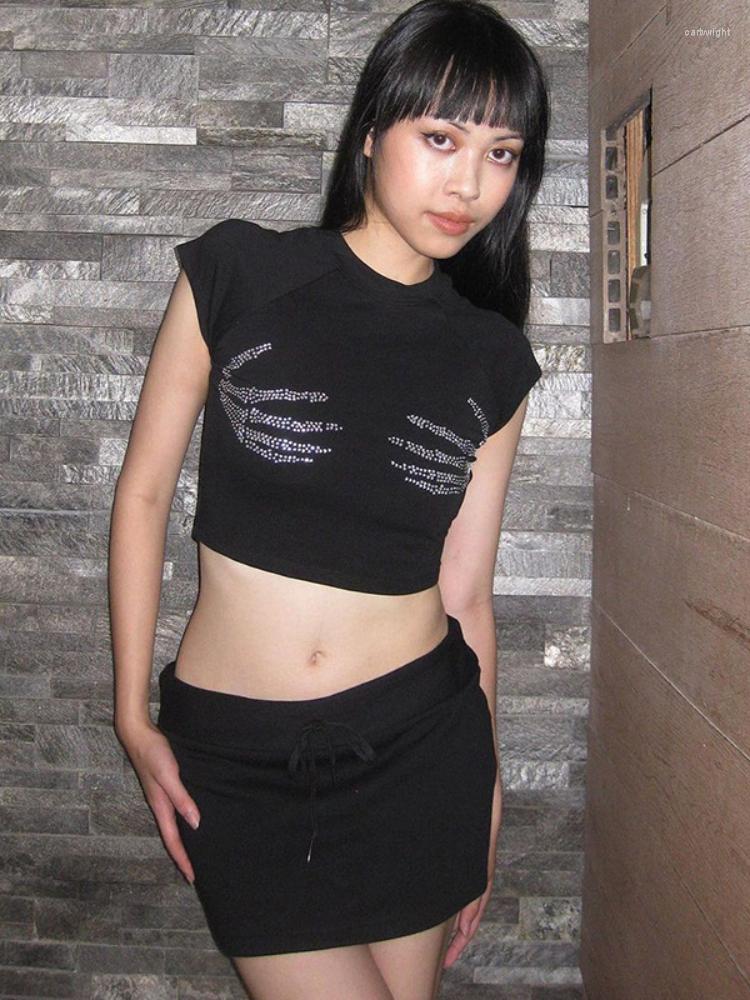 

Women' T Shirts Women Short Sleeve O Neck T-shirt Spring Summer Streetwear Pullover Casual Basis Rhinestone Y2k Crop Top, Black