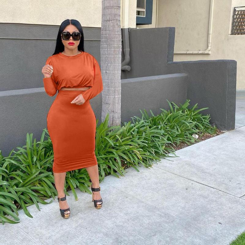 

Work Dresses RMSFE 2023 Women' Fashion Casual Long Sleeve Round Neck T-Shirt One-Step Skirt Solid Color Two-Piece Dress Set, Black