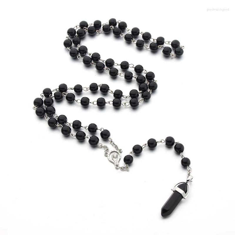 

Pendant Necklaces Catholic Rosary Prayer Necklace Mary Blessing Hexagonal Pillar Round Shaped Beads Long Chain Jewelry