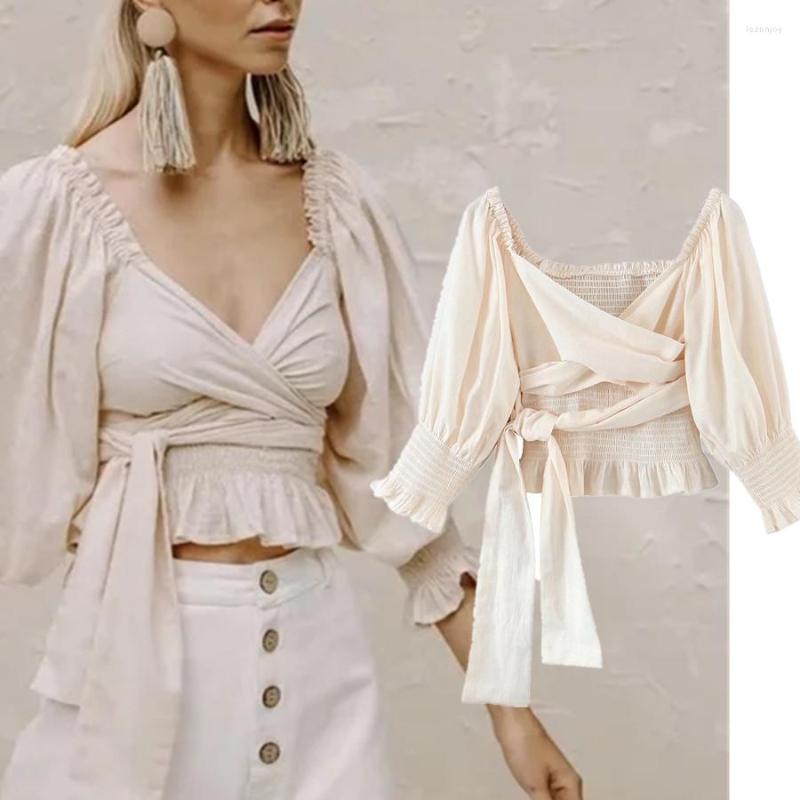 

Women' Blouses Dave&Di France Style Indie Folk Vintage Boho Overlapping Sexy Off Shoulder Beach Fashion Elegant Blouse Women Shirt, Beige