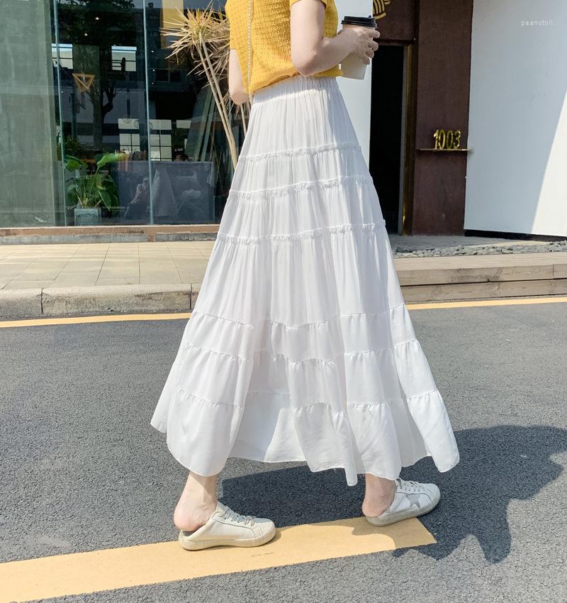 

Skirts 2023 Summer Simple Solid Color Sweet Cake Skirt Elastic High Waist Thin Casual Loose Women A-Line Long, Black