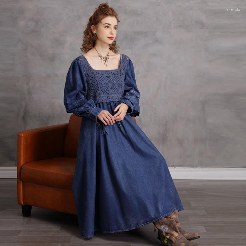 

Casual Dresses Retro Square Collar Splicing Long Sleeve Denim Skirt 2023 Early Spring Hollow False Two Loose Dress, Blue
