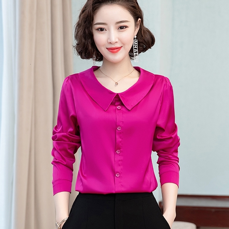 

Women's Blouses Shirts Office ladies work shirts women blouse elegant solid satin silk shirts female tops diamond buttons basic all-match shirt clothes 230313, Rose red