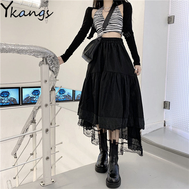 

Skirts Y2k Gothic Tulle Pleated Skirt Black Lace Stitching Irregular Midi Skirt Women Vintage High Waist Long Skirt Korea Solid Hip Hop 230313, White