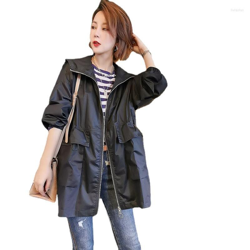 

Women' Trench Coats Women Windbreaker Coat Spring Autumn Tooling Hooded Mid Loog Outerwear Loose All-Match Female Casual Tops R1623, Khaki