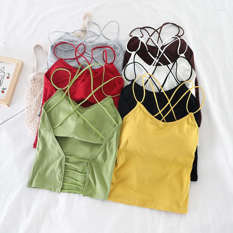 

Women's Tanks OUMEA Tops Women Halter Backless Sexy Crop Top Solid Cotton Underwear Cross Over Bra Beach Summer For, Black