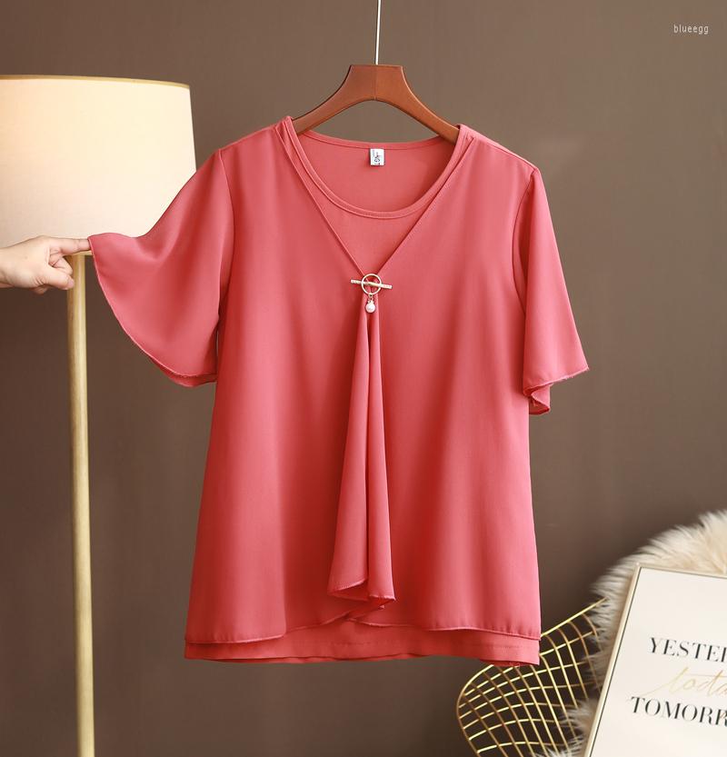 

Women's Blouses 2023 EU Brand Women's Bell Sleeve Tops Summer Short Chiffon Shirts Solid Color O-Neck Casual Plus Size Loose, Blue