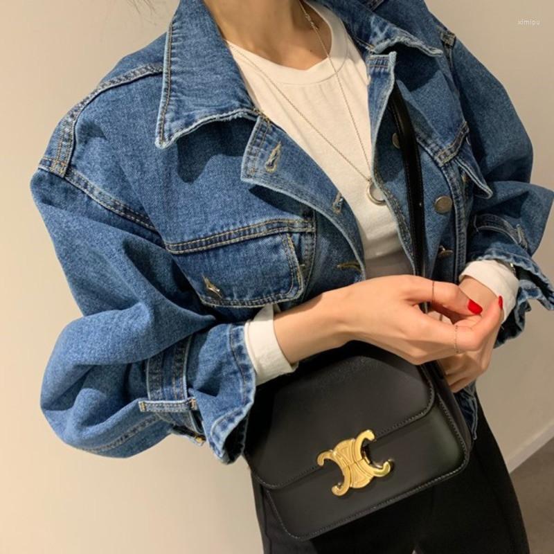 

Women's Jackets 2023 Early Spring Korean Retro Denim Jacket Women Fashionable Lapel Bell Sleeve Elastic Shirt Stitching Jeans Coat Outwear, Light blue