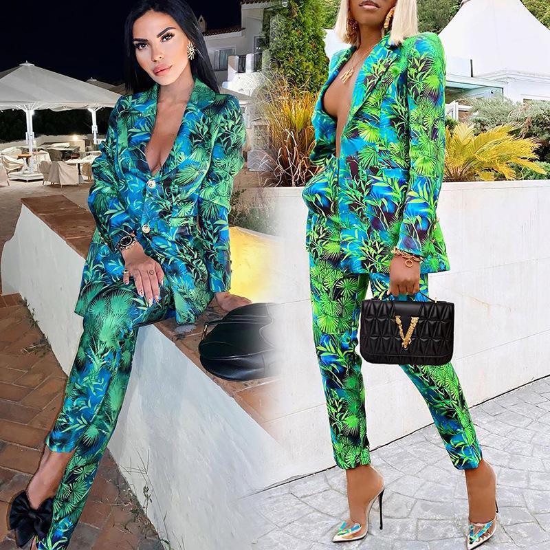 

Down jacket 2020 Autumn Women Pant Suits Green Jungle Print Blazer Vintage Streetwear Long Sleeve Coat and High Waist Trouser 2 Piece S Kept