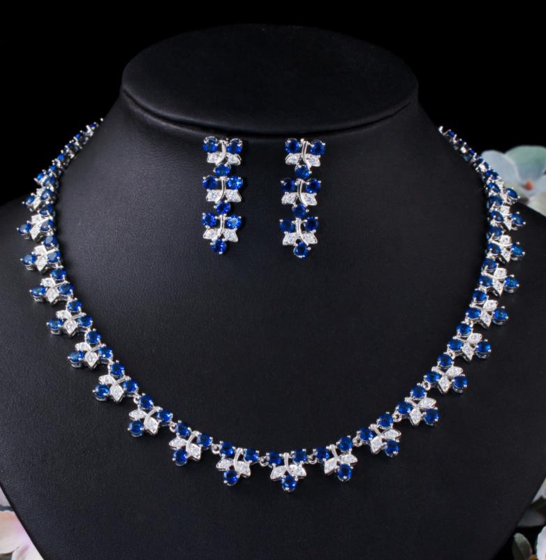 

Bridal Wedding Green CZ Leaves Flowers Necklace and Earrings Brazilian White Gold Plated Jewelry Set for Women, Deep green