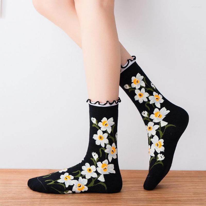 

Women Socks Round Toe Ankle Short Tube Flowers Curly Japanese Style Cotton Kawaii Harajuku Ladies