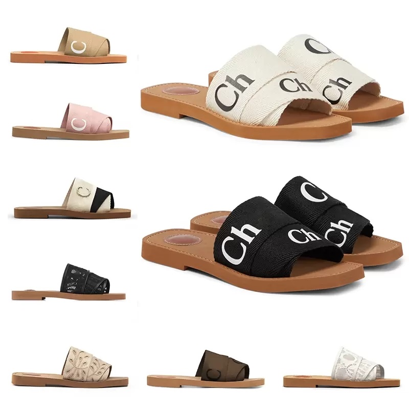 

2023 designer Woody sandals for women Mules flat slides Light tan beige white black pink lace Lettering Fabric canvas slippers womens summer outdoor shoes casual