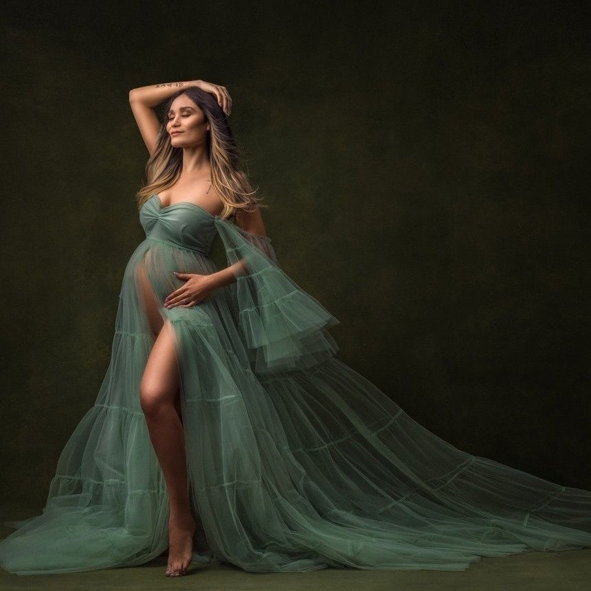 

Fluffy A Line Maternity Dress for Women Off the Shoulder Kimono Photography Prom Gown Pleat Tulle Illusion Baby Shower Dress, Champagne