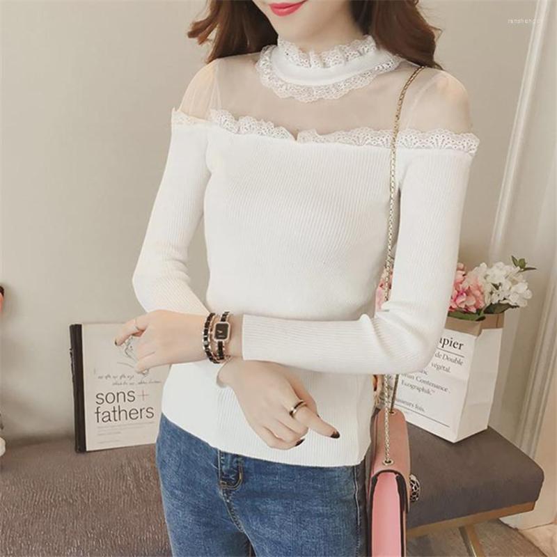 

Women's Sweaters Women Half Turtleneck Sweater Autumn Winter Mesh Lace Patchwork Knitted Pullovers Backless Basic Female Tops AB704, Black