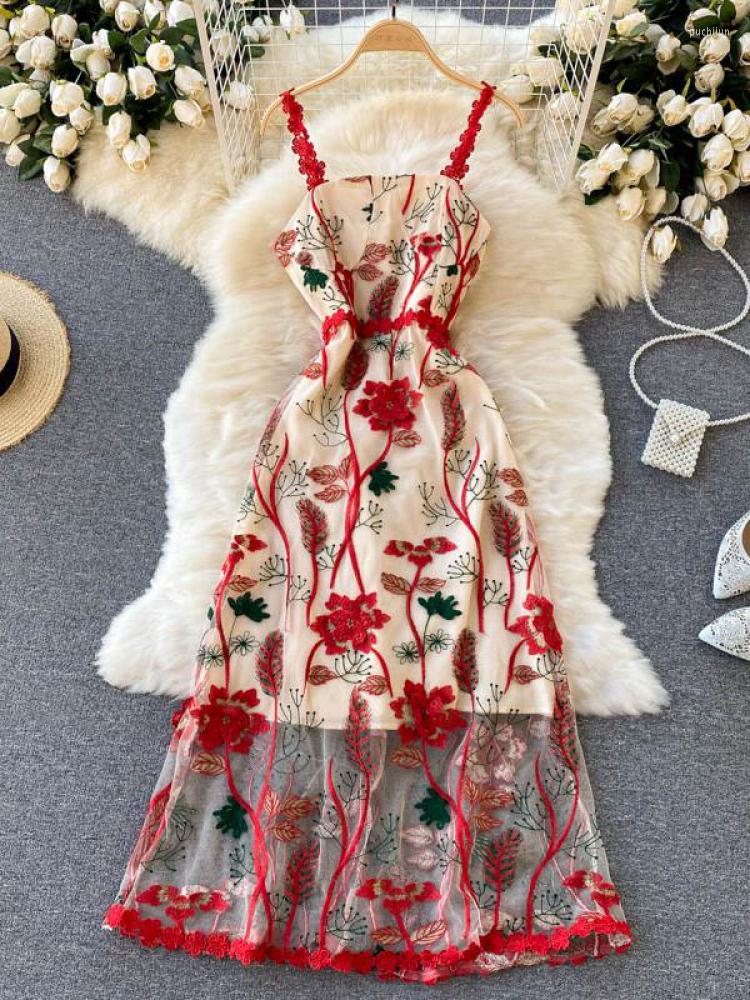 

Casual Dresses ZCWXM Summer Floral Embroidery Women Elegant Spaghetti Strap Sexy Evening Party Tulle Mesh Midi Dress, Red