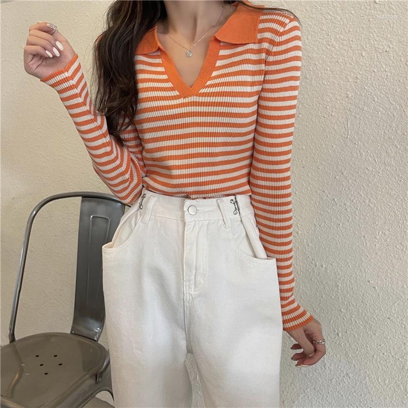 

Women's T Shirts Autumn Coat Render Years Within The Build Striped V-Neck Dress Long Sleeve Lapel Knitwear Temperament, Orange