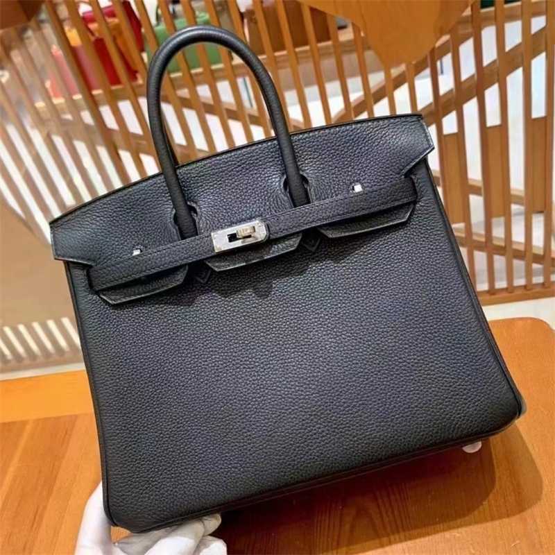 

designer women handbag birkin Silver buckle bags Handmade wax thread sewing bag 25cm litchi grain togo leather black high-end portable women's bag, 25cm black