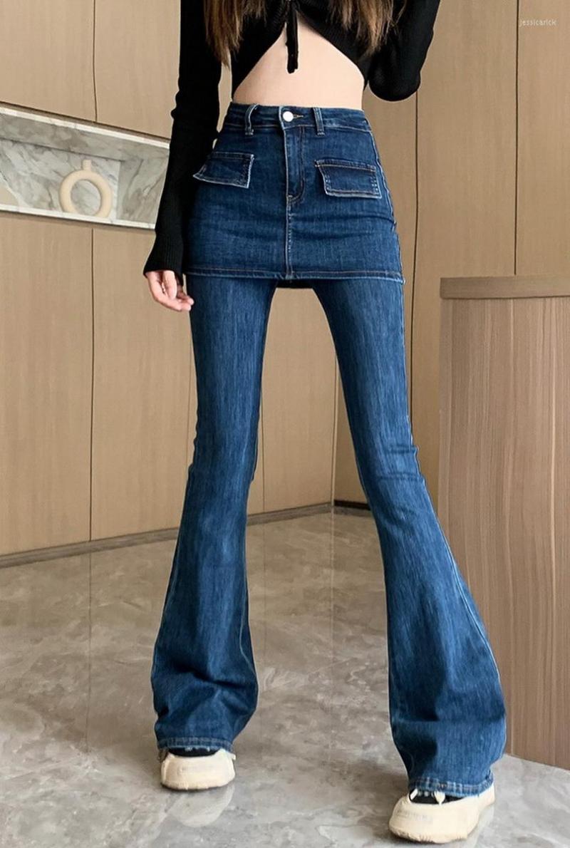 

Women' Jeans Design Lift Hips Fake Two Pieces Flare High Waist For Women Gargo Pant Elastic Fashion Jogging Denim Trousers, Blue