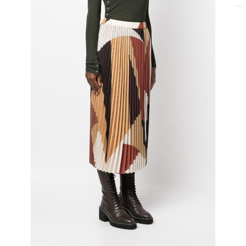 

Skirts Geometry Print Women High Waist Jupe Pleated 2023 Spring Ladies Midi Skirt
