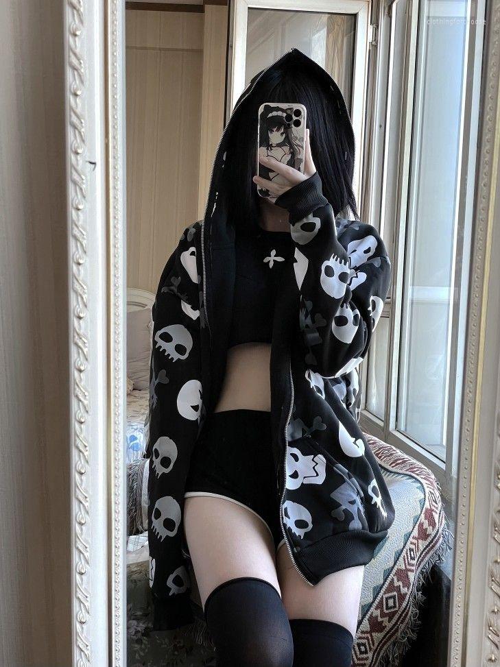 

Women' Jackets Oversize Skull Print Sweatshirts Women Hoodies Y2k Casual Clothes Harajuku Vintage Retro Winter Zip Up Hoodie, Black