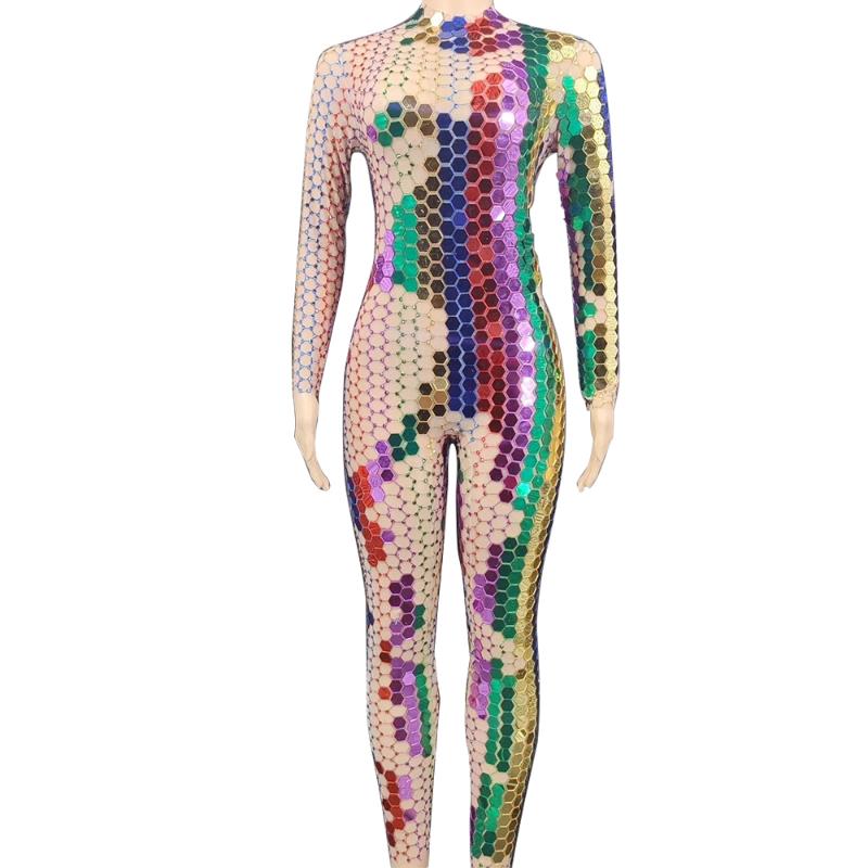 

Women' Jumpsuits & Rompers Colorful Rhinestone Sequin Perspective Jumpsuit Women Club Party Mesh See Through Bodysuit Singer Dancer Stage O, Multi