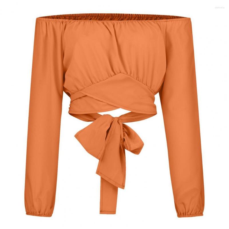 

Women's Blouses Flower Print Cross Strap Exposed Navel Women Blouse Off Shoulder Lantern Long Sleeve Pullover Top Club Wear, Dark orange