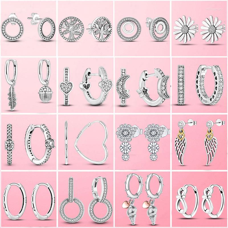 

Stud Earrings 925 Sterling Silver Daisy Flower Family Tree Hoop U & Heart For Women Engagement Party Jewelry