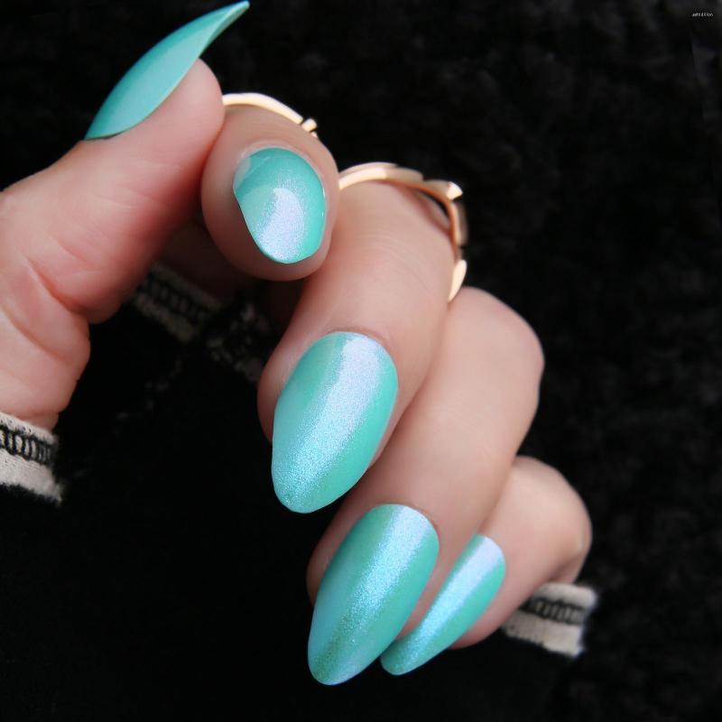 

False Nails Gel Summer Blue Press Short Green Fake Nail Glitter Stiletto Artificial Glossy Daily Wear, 102a-967g