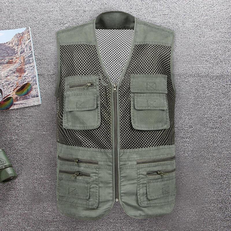 

Men's Tank Tops Men Waistcoat Solid Color Vest Quick Dry Zip Up V Neck Sleeveless Multi Pockets Breathable Outdoor Fishing Coat, Beige