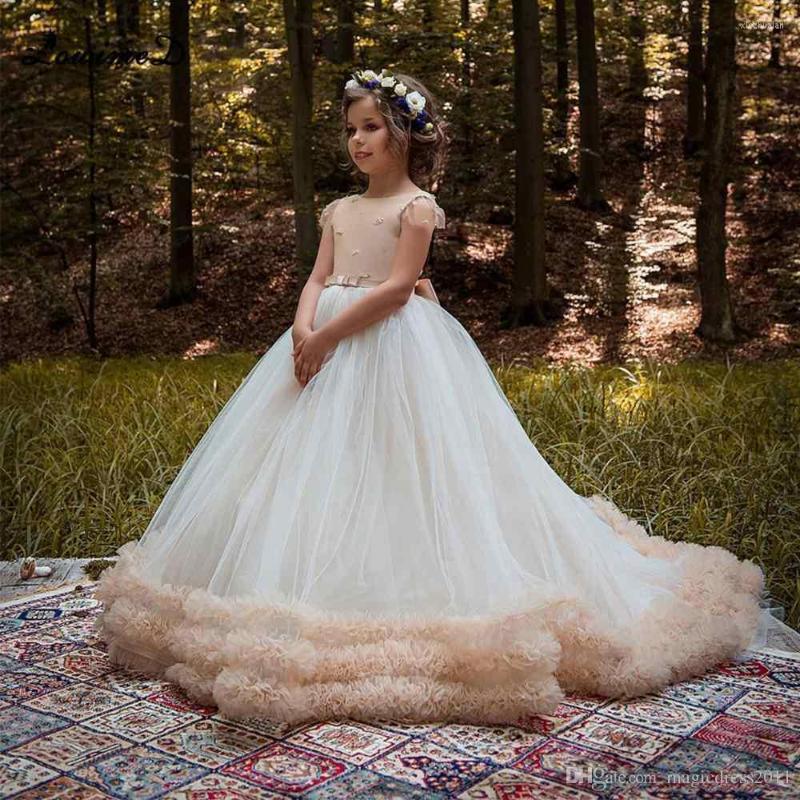 

Girl Dresses Arrival Ruffled Flower Special Occasion For Weddings Pleated Kids Pageant Gowns Ball Gown Tulle First Communion, Beige
