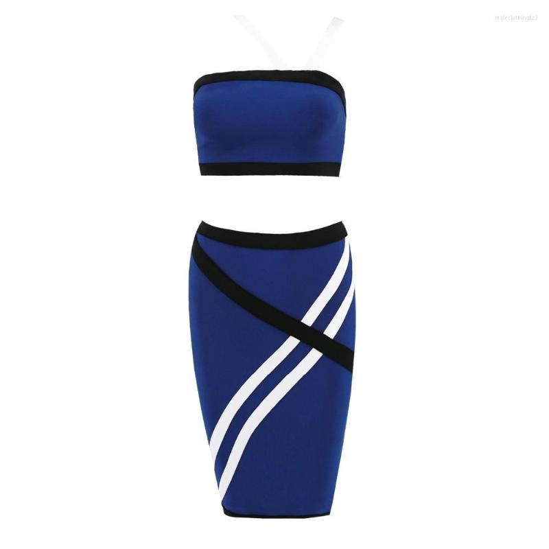 

Casual Dresses 2023 Fashion Navy Blue 2 Pieces South African Women Dress Set Party Bandage Wholesale