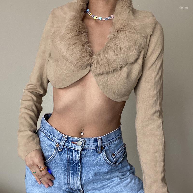 

Women' Knits Khaki Crop Top Fur Collar Coats Casual Cardigan Streetwear Button Up Fall Winter Vintage Cardigans Harajuku Long Sleeve Tops