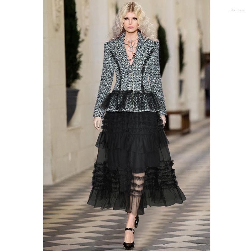 

Work Dresses Janeyiren Fashion Runway Dress Set Women Long Sleeve Single Breasted Blazer And Black Mesh Skirt