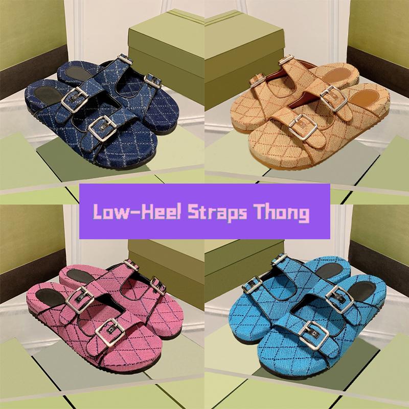 

Designer sandals Low-Heel Straps Thong Slide Sandals with box Luxury men women slides beige ebony canvas black pink dark blue ivory beac eVI, 05 dark blue ivory denim thong