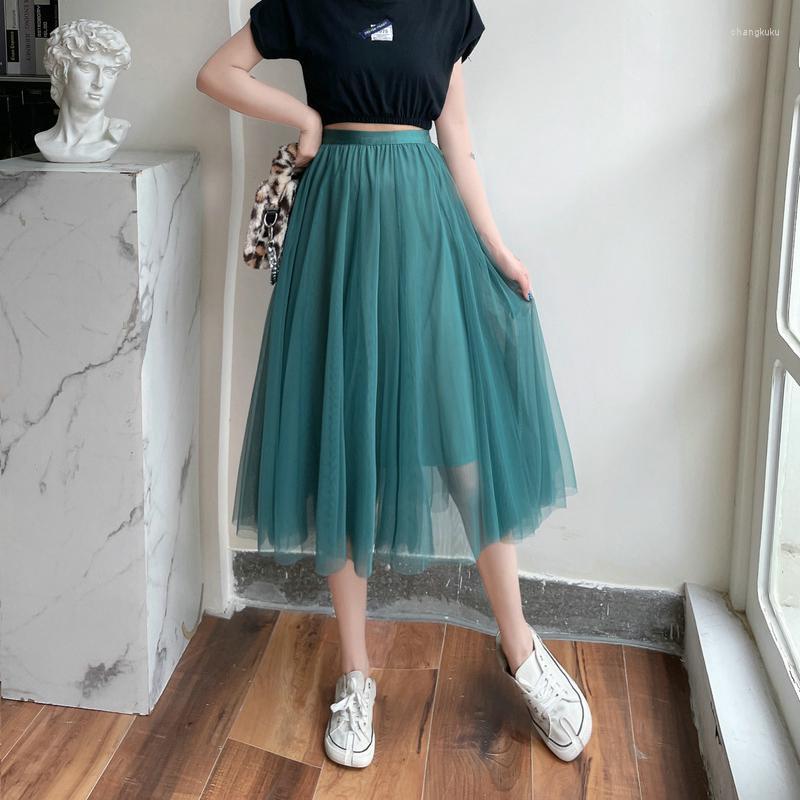 

Skirts 2023 Summer Elastic High Waist Thin Large Swing Mesh Skirt Casual Simple Solid Color Sweet Women Pleated, Khaki