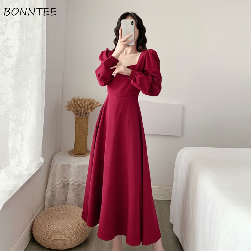 

Casual Dresses Long Sleeve Dress Women Holiday Elegant Ankle-length Female Square Collar Simple Trendy Korean Style Leisure Streetwear Slim Ins 230313, Black