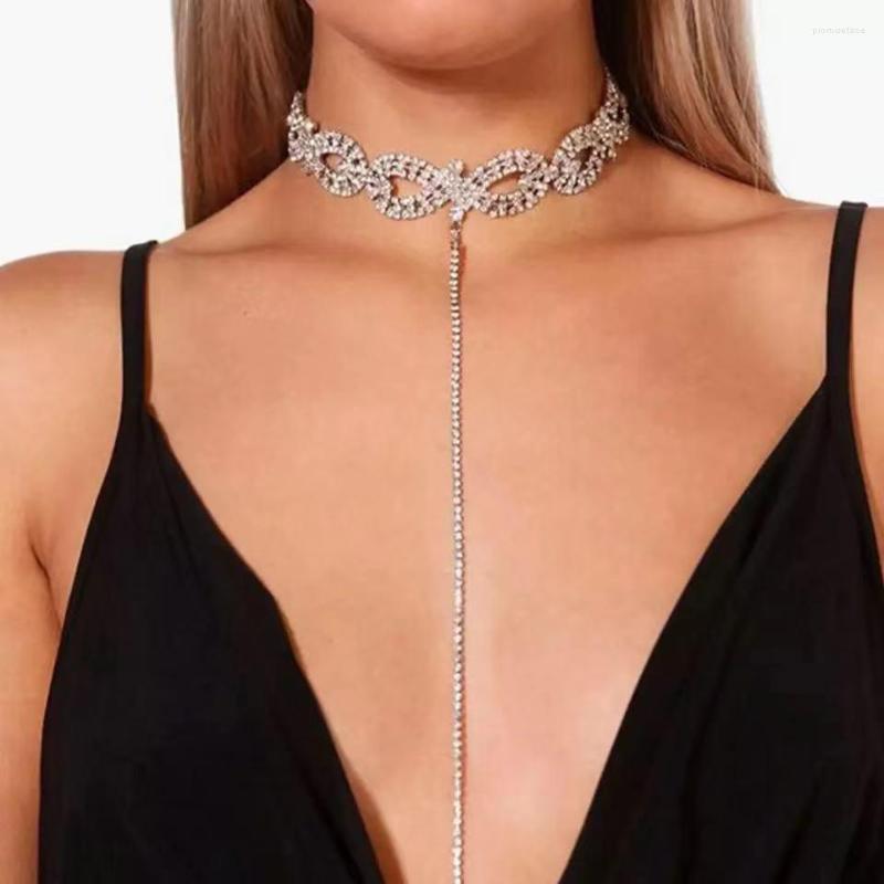 

Choker Fashion Full Rhinestone Single Long Chain Necklaces For Women Geometric Crystal Weddings Jewelry Party Gifts