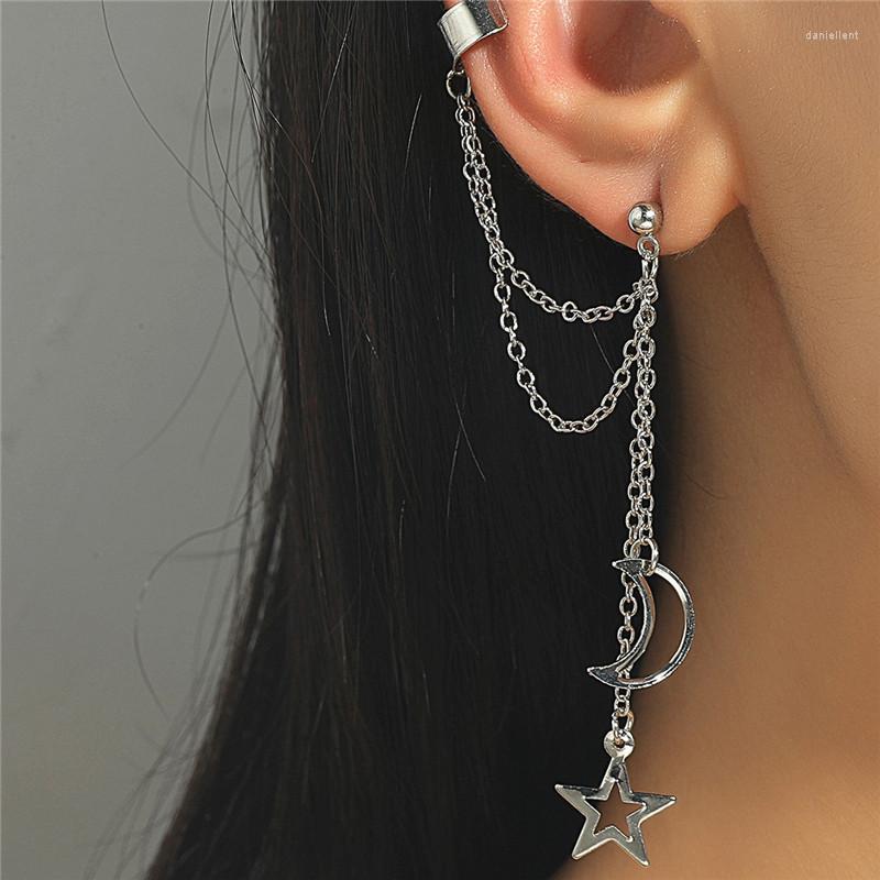 

Backs Earrings Simple Temperament Long Chain Ins Cool Breeze Star Moon Clip One-piece Without Holes Female