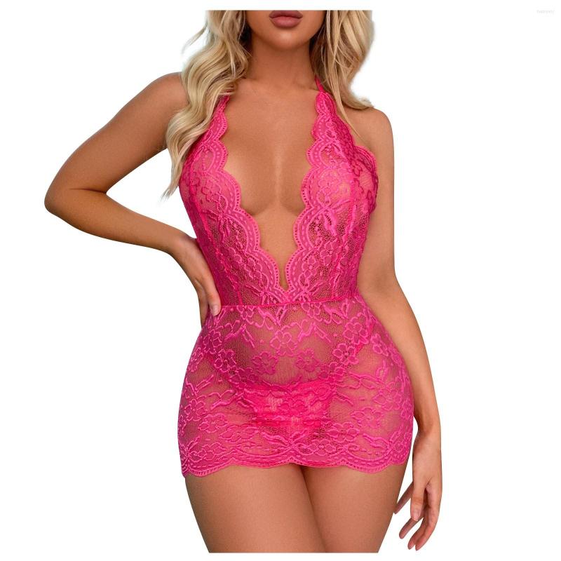 

Bras Sets Floral Embroidery Lace Lingerie One Piece Romper Women Seamless Bra Set Mesh Transparent Nightdress Backless Sexy Underwear, Wine