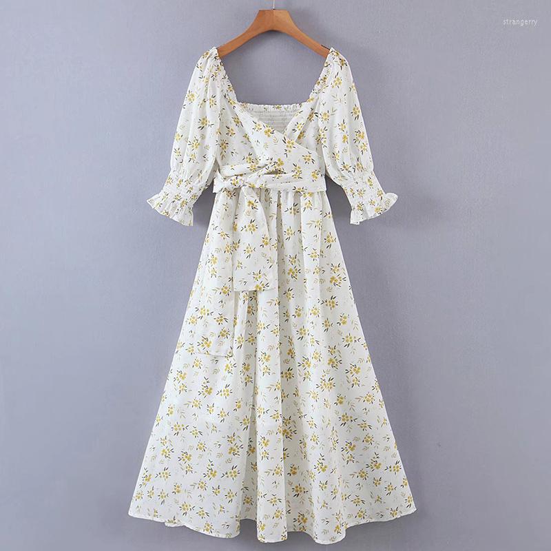 

Party Dresses YENKYE Summer 2023 Women Floral Print Boho Long Dress Sexy Cross V Neck Puff Sleeve Sashes Holiday Ladies Robe, Picture shown