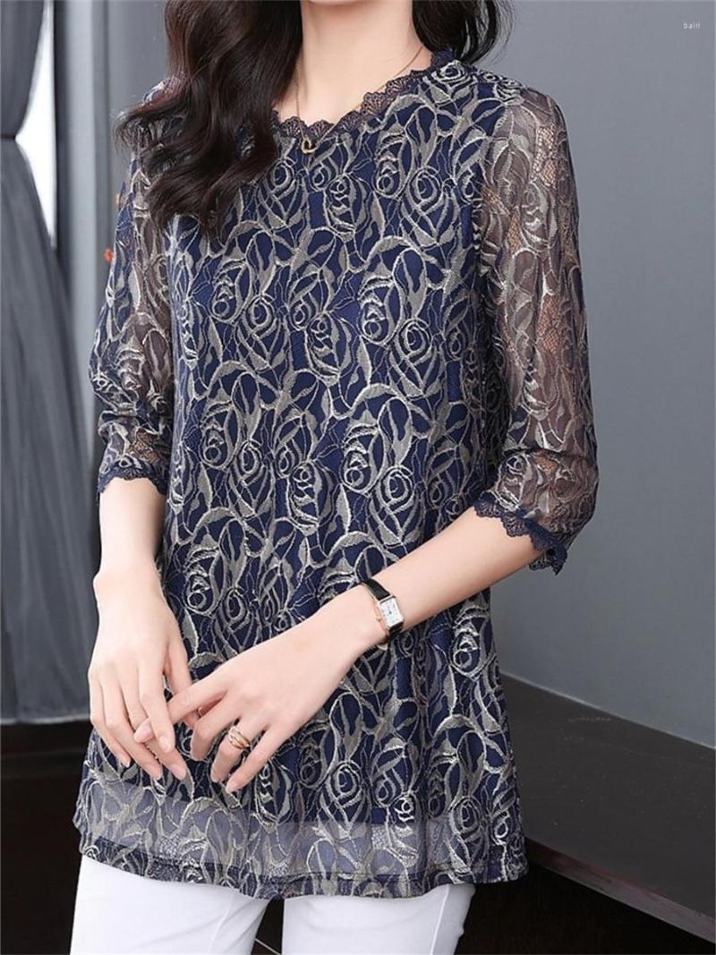 

Women's Blouses 4XL Women Spring Summer Shirts Lady Fashion Casual Half Sleeve O-Neck Collar Sexy Lace Blusas Tops2180, Blue