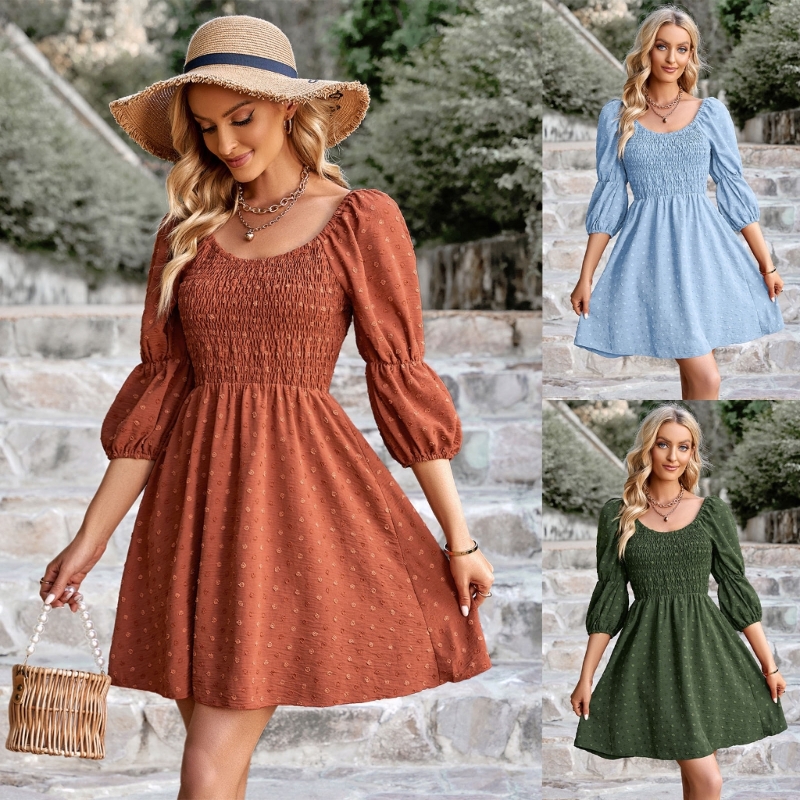 

Fashion Dresses A-line Short Skirt Women Sweet Style Mid-length Sleeve Dress Vintage Sexy High Waist Pleated Dress for Seaside, Green
