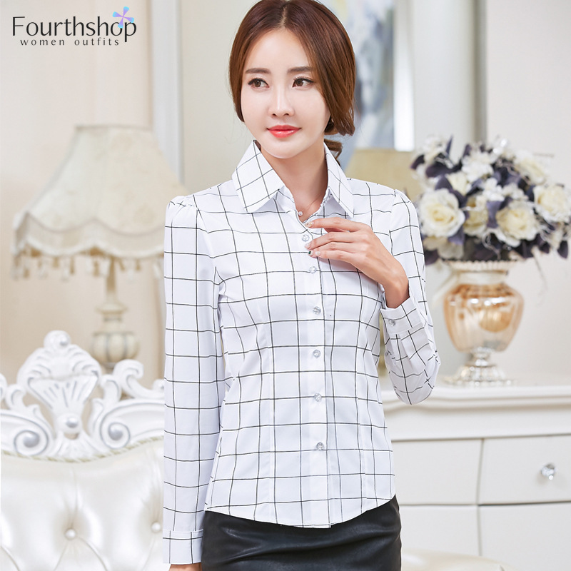 

Women's Blouses Shirts White Tops and Blouses Female Plaid Design Turn-down Collar Long Sleeved Women Shirts Office Lady Work Wear Autumn Summer 230313
