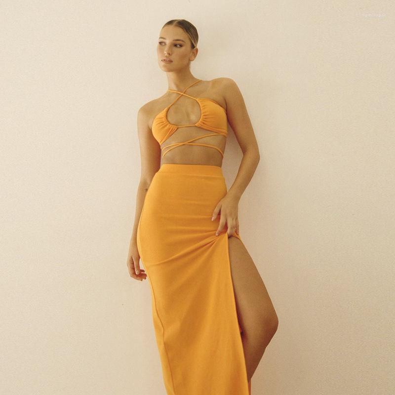 

Work Dresses Two Piece Sets Women' Crop Tops And Dress Suits Wrapped Chest Vest Halter Sexy Tank High Split Long Skirts Outfits, Yellow