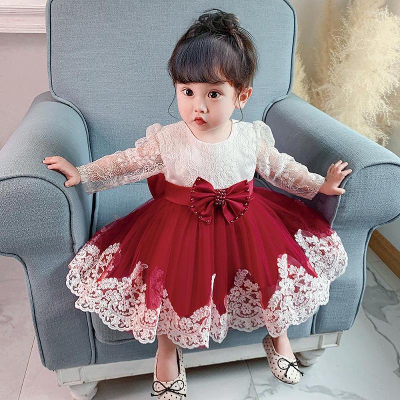 

Girl Dresses 1 Year Birthday Party Dress Long Sleeve Lace Bow Born Princess Clothing 2023 Spring Fall Infant Baby Clothes, White