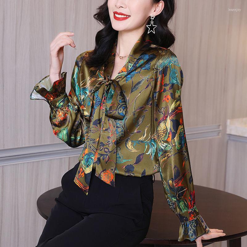 

Women' Blouses Women Spring Autumn Style Shirts Lady Casual Long Sleeve Bow Tie Collar Printed Blusas Tops DD9205, Green