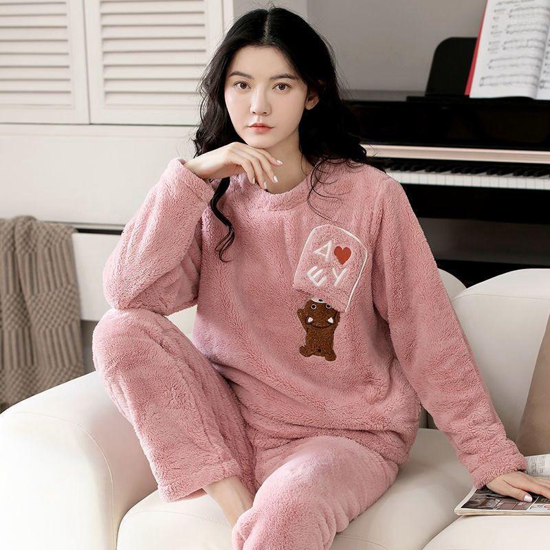 

Women's Sleepwear Women Pijamas Winter Warm Pajama Set Cartoon Bear Panda Long Sleeve Flannel Pants Velvet Pyjamas Nightwear Home Wear, Pink