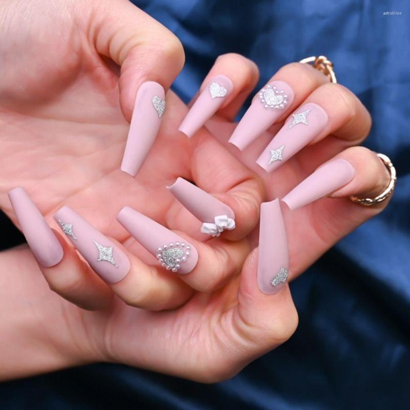 

False Nails 24pcs Nail Tip Press On Pink Peacock Full Cover French Coffin Long Ballerina Fake, Bks1123