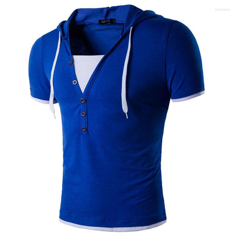 

Men's T Shirts 2023 Hoodie Fake Two Men Shirt Cotton T-shirt 3 Color O Collar Tshirt Homme Short Sleeve Slim Fit Camisetas Hombre, Sapphire